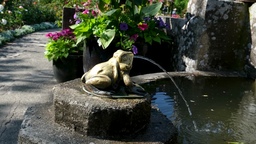 Rose garden Fountain frog The famous gardens of Butchert on Victoria Island. Canada. The Butchart Gardens