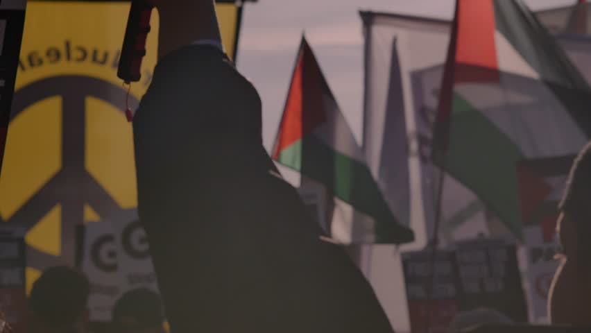 young man holding a flag against the sun during a protest in London demanding permanent Gaza ceasefire. Other banners, flags and people protesting around him Royalty-Free Stock Footage #1111745627