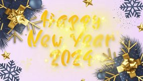 New year and Christmas 2024. Mobile gold inscription HAPPY NEW YEAR on the background of Christmas tree branches with gold confetti, Christmas balls, gift boxes
happy new year lettering card with gift - Powered by Shutterstock - Get 15% off with code: PIKWIZARD15