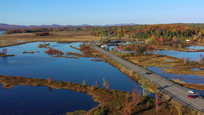 Aerial view of Fall (Autumn) foliage around ponds in upstate New York.