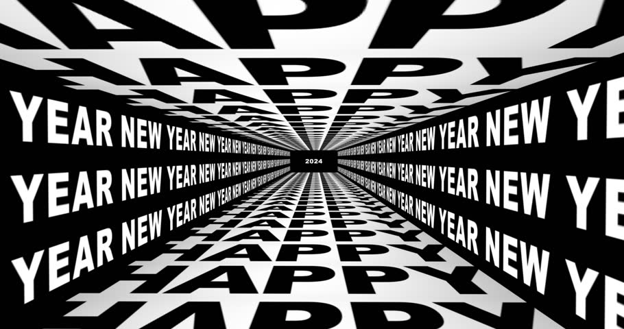 Happy New Year tunnel motion design. Happy New Year 4K resolution kinetic typography loop animation.