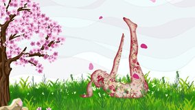 Yoga in spring, animated illustration of a pink yoga pose with flower print in a pretty cherry forest. 

Image that evokes calm and relaxation to promote a physically and mentally healthy lifestyle. 