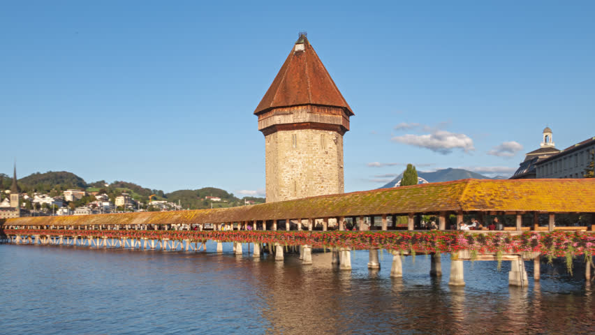 Hyper lapse panorama Lucerne old town and Chapel bridge (Kapellbrucke), Switzerland.