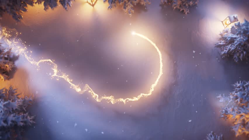 3D Animated Christmas Themed Sparkling Snowflake Whooshing Through Snow Covered Forest Touching Snow Revealing Top View.