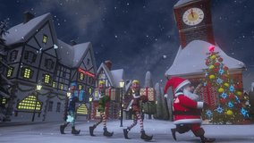 Merry Christmas and Happy New Year animation. European town with illuminated outdoor christmas tree on its square and houses at snowfall winter night. Funny Santa Claus and elfs running with a present - Powered by Shutterstock - Get 15% off with code: PIKWIZARD15