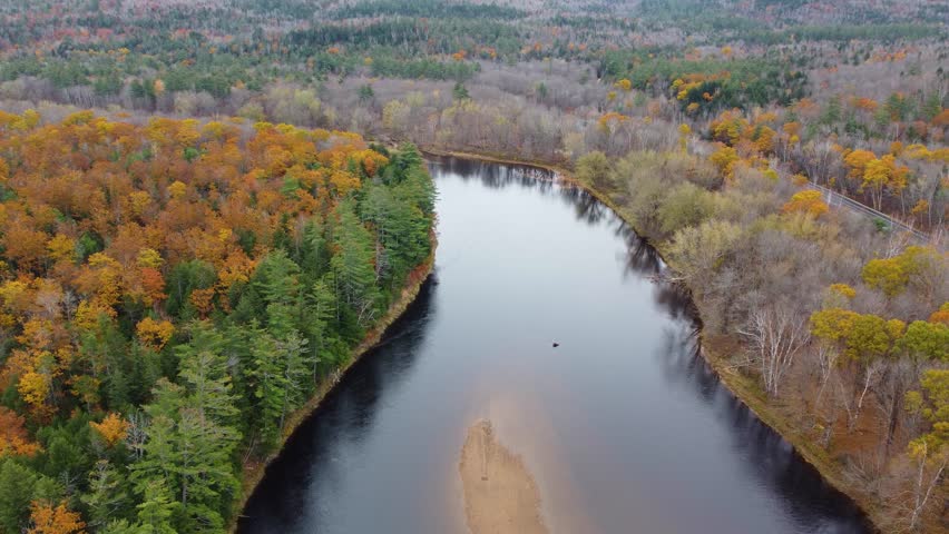 Aerial view of a river in the forest in autumn near Mount Washington, New Hampshire, USA