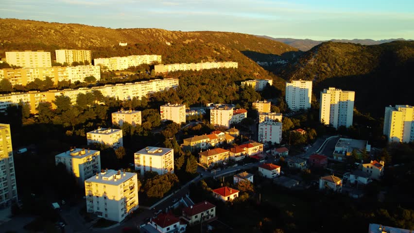 Rijeka, Sušak, Podvežica, aerial view, tower center, sunset, Croatia