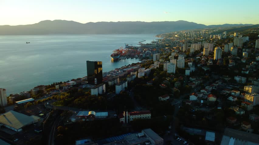 Rijeka, Sušak, Podvežica, aerial view, tower center, sunset, Croatia