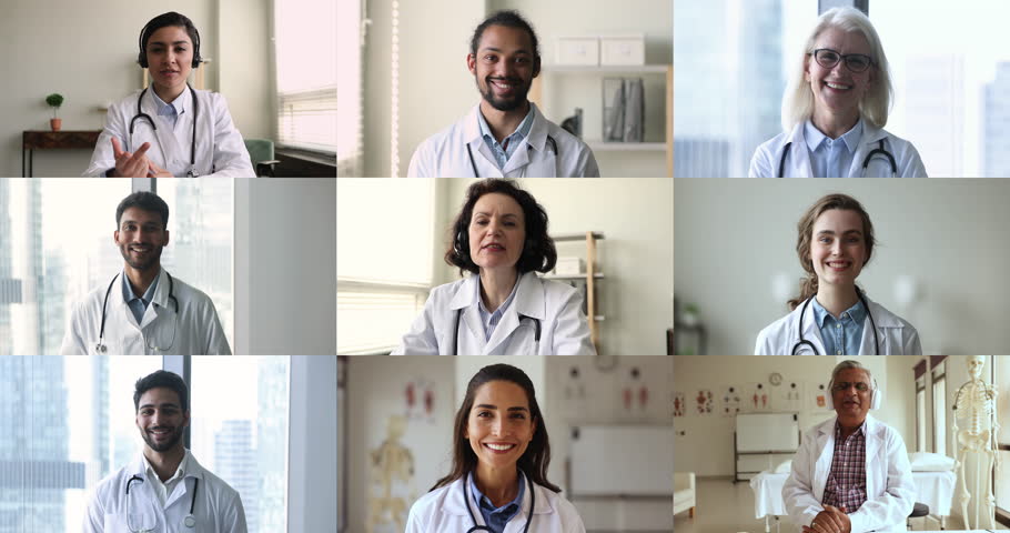 Videoconference event of group multinational physicians, cardiologists having medical council using teleconference app, share opinions, ideas and solutions, planning patients treatment. Medicine, tech | Shutterstock HD Video #1111753583