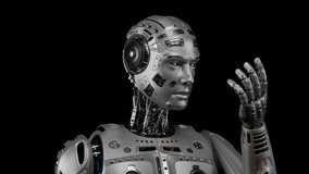 Very detailed humanoid cyborg or futuristic robot man looking at his arm. 3d rendering animation of the upper body isolated on black background - Powered by Shutterstock - Get 15% off with code: PIKWIZARD15