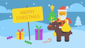 Merry Christmas composition Santa sitting on reindeer holding gift bag and Christmas tree. Greeting video card. Looped animation