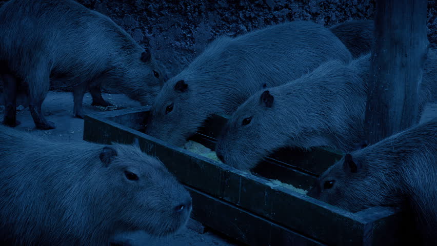 Capybaras Eating From Tray In The Evening | Shutterstock HD Video #1111760535