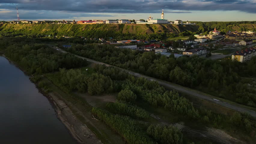 Aerial: Architectural and historical complex located on the high bank of the Irtysh River