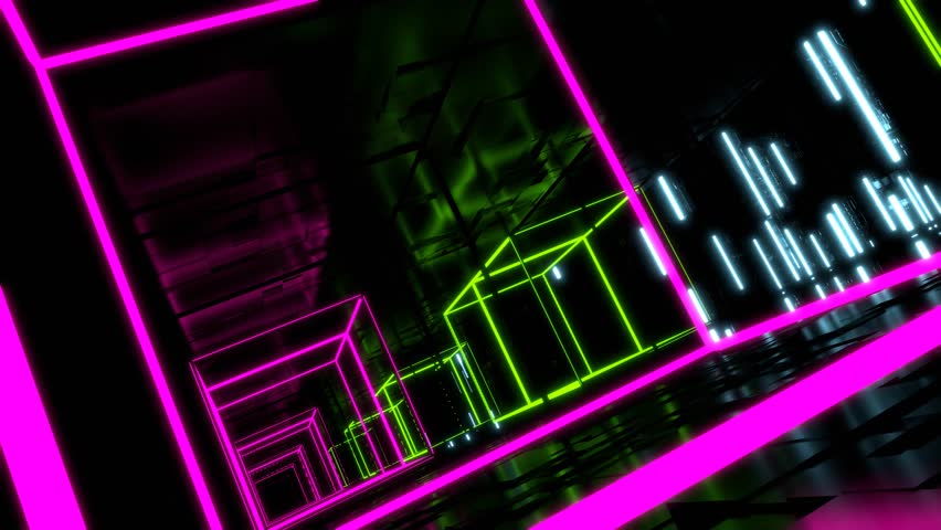VJ Tunnel Square Neon Luminescent Box Cyber Purple Green 3d render loop | Shutterstock HD Video #1111763171