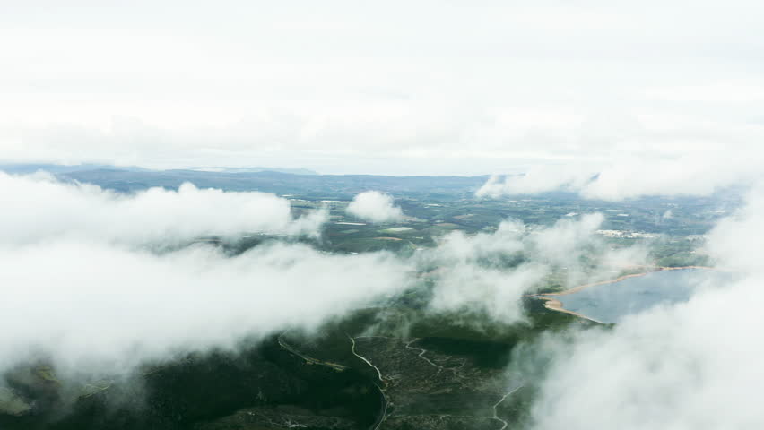 Sky, clouds and drone with landscape, space and heaven with mist, peaceful and outdoor. View, sunset and mother nature for magical scene, weather and atmosphere with scenery, horizon and fog | Shutterstock HD Video #1111766897