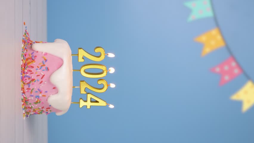 Happy New Year 2024, seamless looping of cute cake with golden candle number 2024 for new year celebrate party was lit with colorful confetti and bunting flag isolated on blue background, vertical Royalty-Free Stock Footage #1111770733