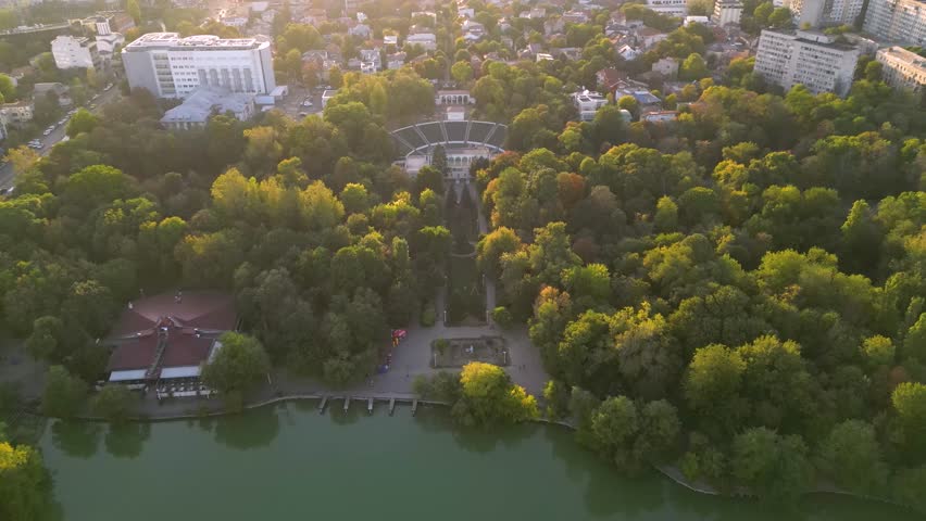 Aerial high angle footage of The Stadium in the capital of Romania - Bucharest. Drone shot of the largest stadium in Romania. National Arena
