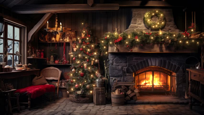 cozy room interior with christmas tree and candles and fireplace, christmas decoration, seamless loop, 4k Royalty-Free Stock Footage #1111772347
