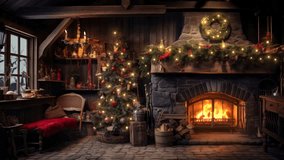 cozy room interior with christmas tree and candles and fireplace, christmas decoration, seamless loop, 4k - Powered by Shutterstock - Get 15% off with code: PIKWIZARD15