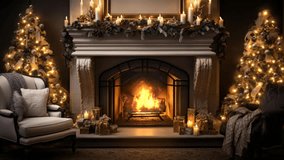 cozy room interior with christmas tree and candles and fireplace, christmas decoration, seamless loop, 4k