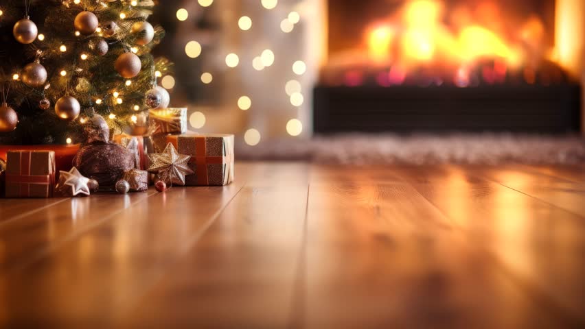  empty wooden floor in the foreground, christmas tree and fireplace in the background, 4k seamless loop - Powered by Shutterstock - Get 15% off with code: PIKWIZARD15