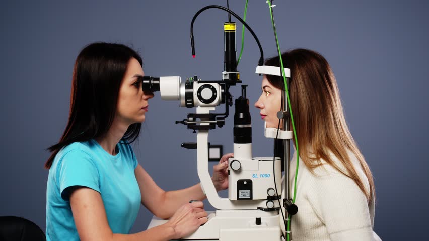 Eye examination and optometry to test your vision, medical consultation or glaucoma screening. Happy client with laser technology or eye scanning and ophthalmic test machine | Shutterstock HD Video #1111774605