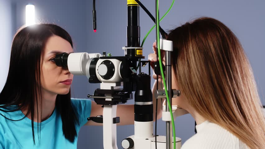 Eye examination and optometry to test your vision, medical consultation or glaucoma screening. Happy client with laser technology or eye scanning and ophthalmic test machine | Shutterstock HD Video #1111774617