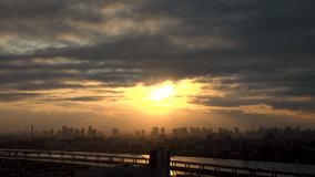 TOKYO, JAPAN : Aerial high angle view of CITYSCAPE of TOKYO and River Arakawa in sunrise or sunset. View of buildings at central downtown area. Japanese nature and city life concept video.