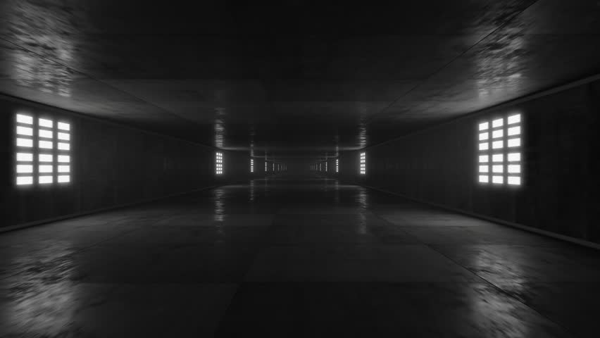 Seamless camera movement along concrete corridors with a wet concrete floor. Fog, LED spotlights. Royalty-Free Stock Footage #1111775319