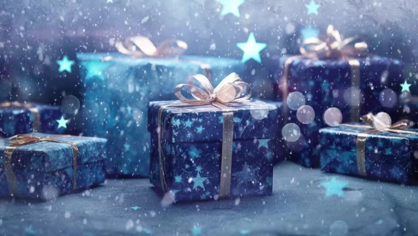 This enchanting animation showcases beautifully wrapped Christmas gifts nestled in a serene winter landscape. Gentle snowflakes descend from the sky, adding to the picturesque scenery. 