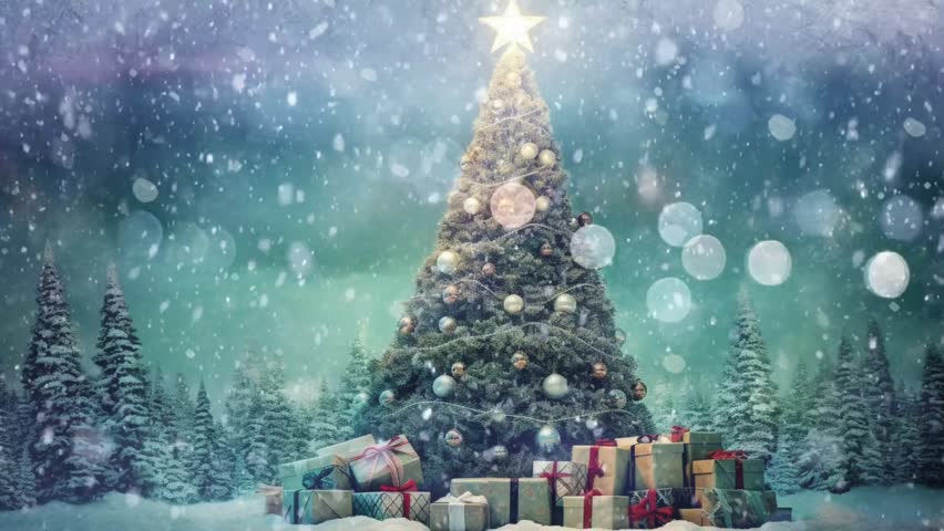 This enchanting animation showcases a magnificent Christmas tree adorned with glistening ornaments and surrounded by beautifully wrapped presents.