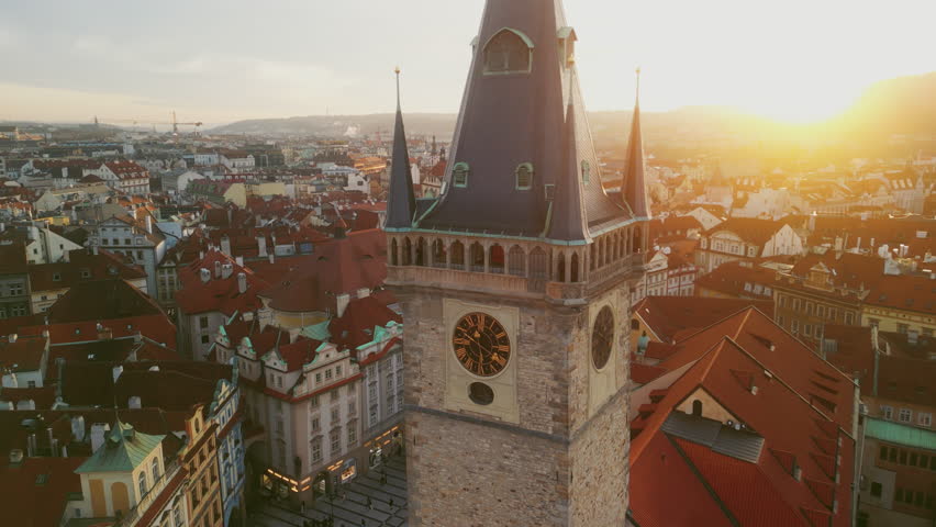 Aerial Footage of the ancient Part of the Prague. Drone Shot of the Antique Prague Chimes. Old District in Prague. Traveling and Tourism Concept Royalty-Free Stock Footage #1111775817