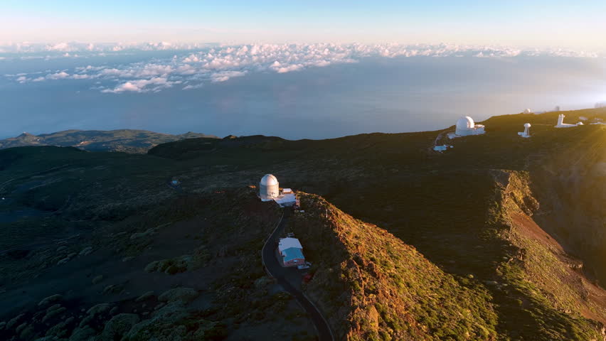 Aerial shot of the Roque de Los Muchachos Observatory on La Palma, Canary Island, Spain view at sunset