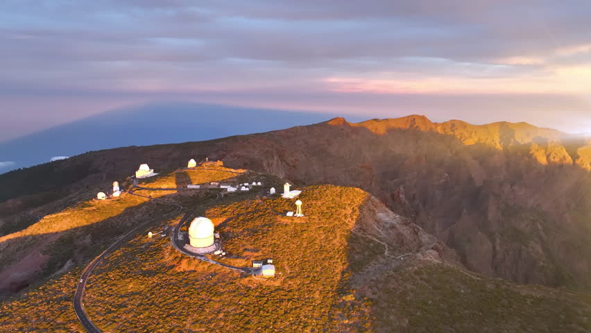 Aerial shot of the Roque de Los Muchachos Observatory on La Palma, Canary Island, Spain view at sunset