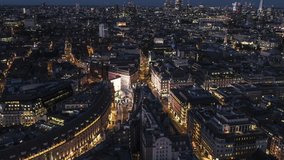 West End, Piccadilly Circus, Aerial View Shot of London at night evening UK, United Kingdom, Mayfair, Marylebone, Soho