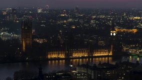 Westminster Aerial View Shot of London at night evening UK, United Kingdom, circling right