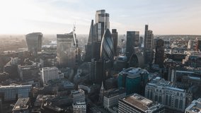 Epic Light, Establishing Aerial View Shot of London UK, United Kingdom, day, Square Mile, Heart of the City of London, circling left