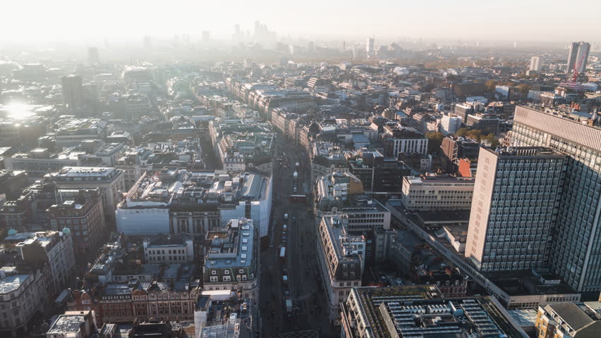 West End, Oxford Circus, Aerial View Shot of London day UK, United Kingdom, Mayfair, Marylebone, Soho