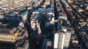 West End, All Souls Langham Place, Aerial View Shot of London day UK, United Kingdom, Mayfair, Marylebone, Soho