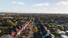 Aerial View Shot of London Suburbs, day UK, United Kingdom, Wembley, neighbourhood, victorian homes, typical houses, suburb, property market, victorian suburb, green area, residential area