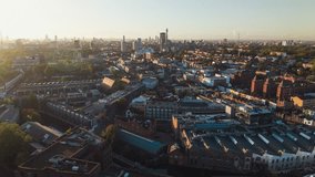 Aerial View Shot of London UK, United Kingdom, Camden Town, Camden Lock, Camden Market, day sunny