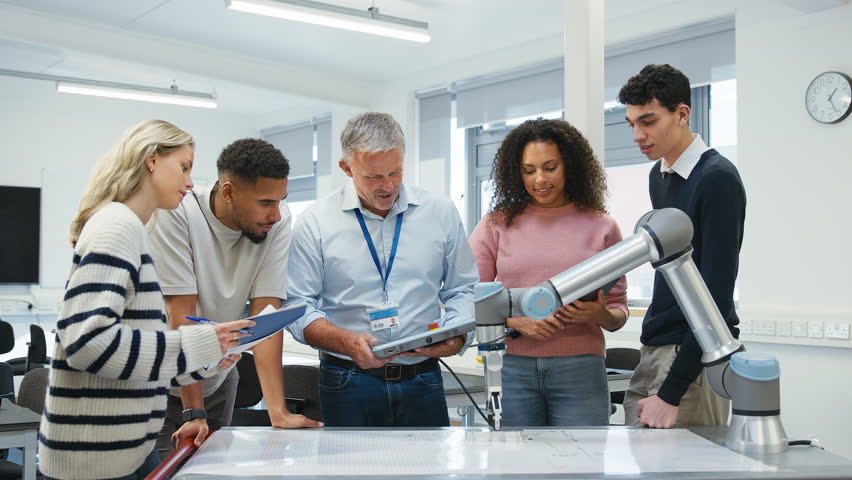 Multi-cultural group of university or college students in STEM or engineering class with male tutor demonstrating robotic arm - shot in slow motion