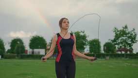 Close up sporty woman doing jump exercise with skipping rope outdoors against background of beautiful rainbow. Young female jumping on skipping rope at sports ground. Slow motion. Sport concept - Powered by Shutterstock - Get 15% off with code: PIKWIZARD15