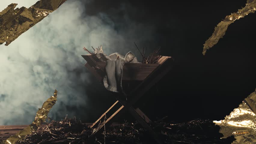 A real scene of the Birth of Jesus. Black background with real manger of Jesus. Nazareth, Star of Bethlehem, stable, birth of Messiah, Mary, Emmanuel, manger, smoke. Beautiful background, church 
