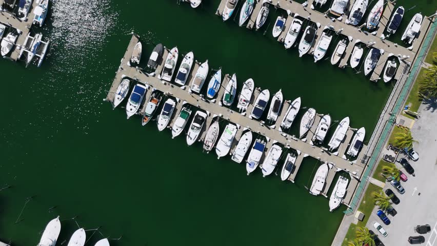 Aerial view of luxury yacht club in ttopical resort near Key Biscayne. Lots of exclusive white boats docked in sunny Crandon Marina next to parking zone | Shutterstock HD Video #1111786103