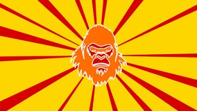 Gorilla head symbol on the background of animation from moving rays of the sun. Large orange symbol increases slightly. Seamless looped 4k animation on yellow background