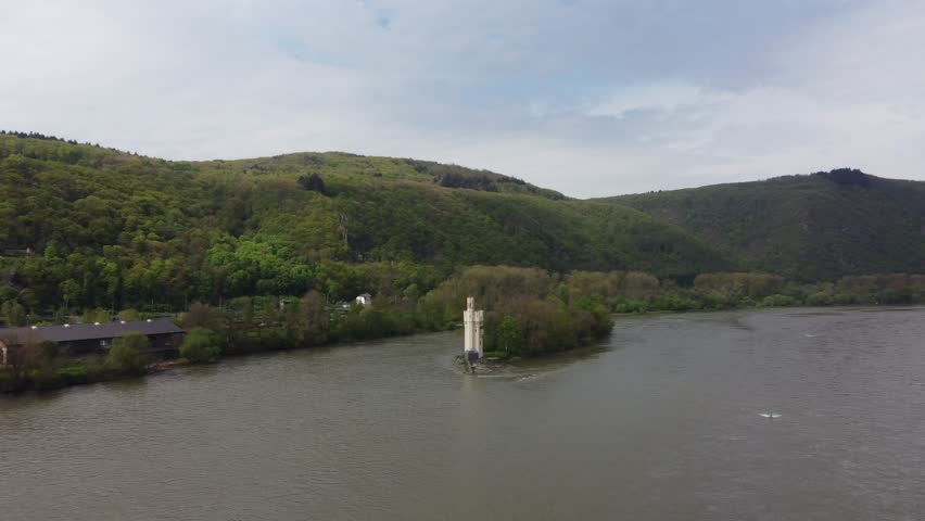 Mouse tower in Germany is a historic Waterway signal and toll watchtower on river Rhine | Shutterstock HD Video #1111792981