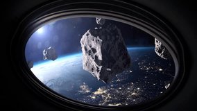Asteroids, Sun and Earth.
View from porthole of a spaceship to Earth planet and asteroids. Asteroids over Earth atmosphere, spaceship porthole view. Elements of this video furnished by NASA.   - Powered by Shutterstock - Get 15% off with code: PIKWIZARD15