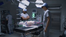 Multiethnic surgeons work in operating room wearing AR headsets, using holographic display. 3D graphics of virtual human skeleton, organs and vital signs. AI technology in medicine. High-tech surgery. - Powered by Shutterstock - Get 15% off with code: PIKWIZARD15