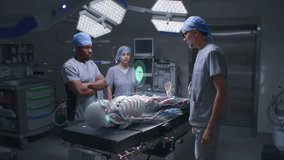 Multiethnic surgeons work in hospital operating room. 3D graphics of virtual hologram showing human skeleton, brain and vital signs. VFX animation. AI technologies in medicine. Futuristic healthcare. - Powered by Shutterstock - Get 15% off with code: PIKWIZARD15